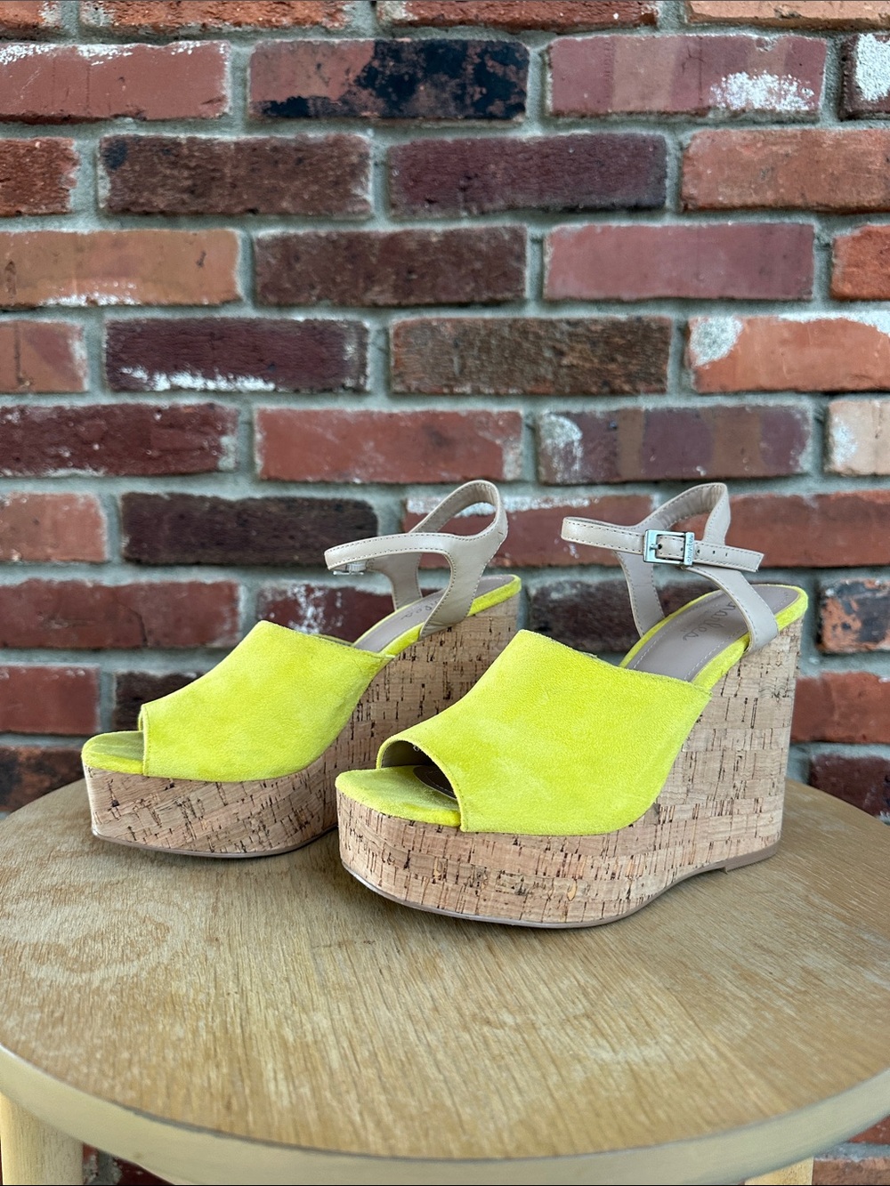 Charles By Charles David Yellow Suede Cork Platform Wedge Sandals